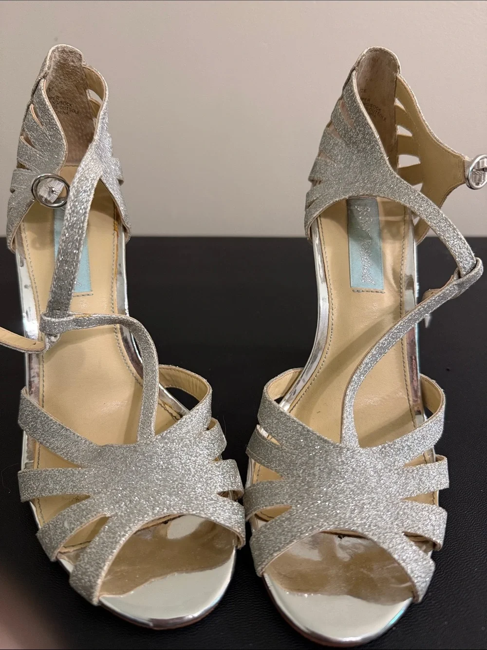 Betsey Johnson Silver Glitter Strappy Heels